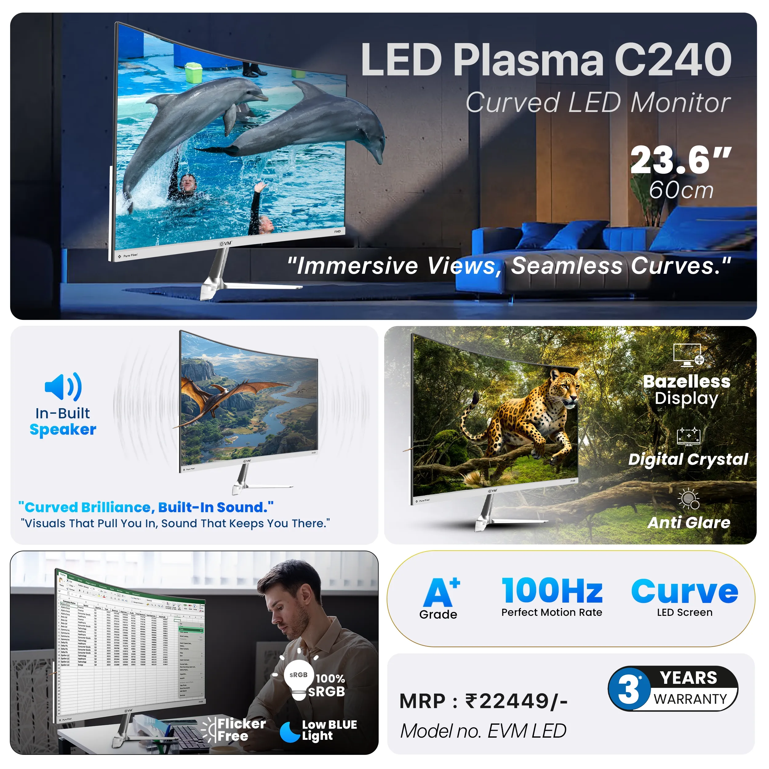 EVM LED Monitor 24" Curved FHD IPS 100Hz with HDMI | VGA | Speaker (Plasma C240) view 3